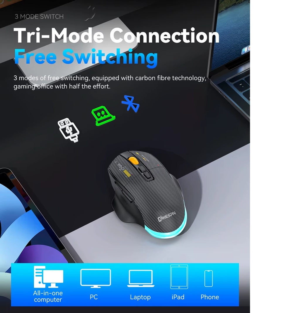 W601 Ergonomische 2,4G Tri-Mode Wireless BT wiederaufladbare Silent Mouse 12800 DPI 7-Tasten-Programmier-Gaming-Maus für PC/Desktop