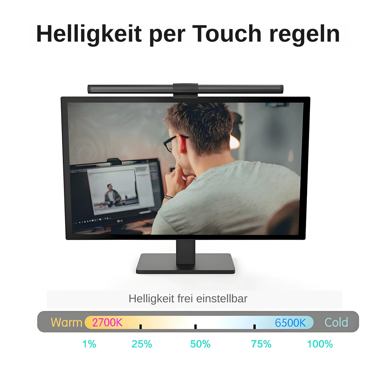 nextronix Monitor-Lampe C105 – Bildschirmleuchte mit Touch-Steuerung, dimmbar & Anti-Blaulicht (2700–6500 K, USB)