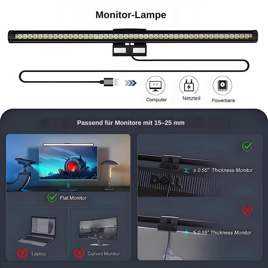 nextronix Monitor-Lampe C105 – Bildschirmleuchte mit Touch-Steuerung, dimmbar & Anti-Blaulicht (2700–6500 K, USB)