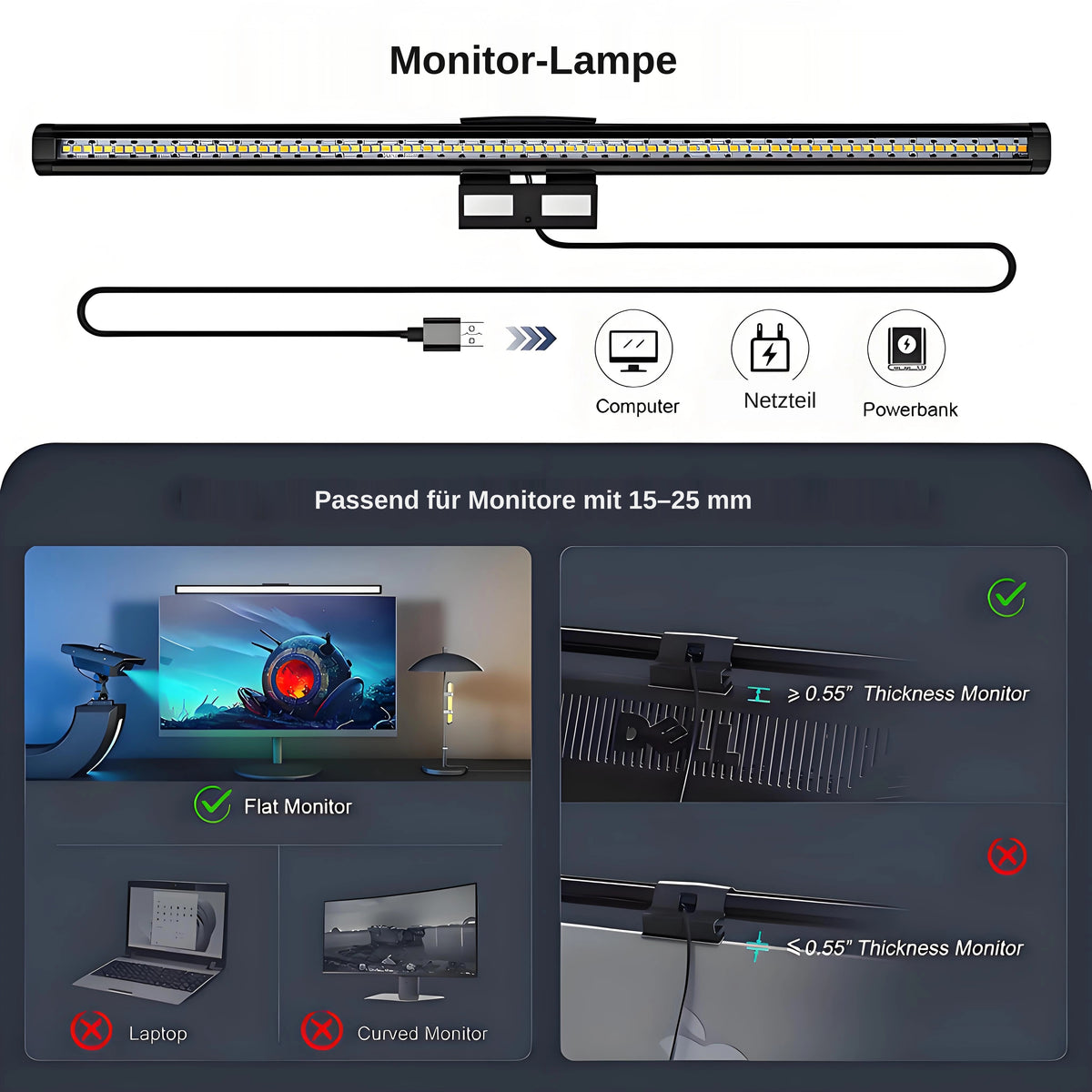 nextronix Monitor-Lampe C105 – Bildschirmleuchte mit Touch-Steuerung, dimmbar & Anti-Blaulicht (2700–6500 K, USB)