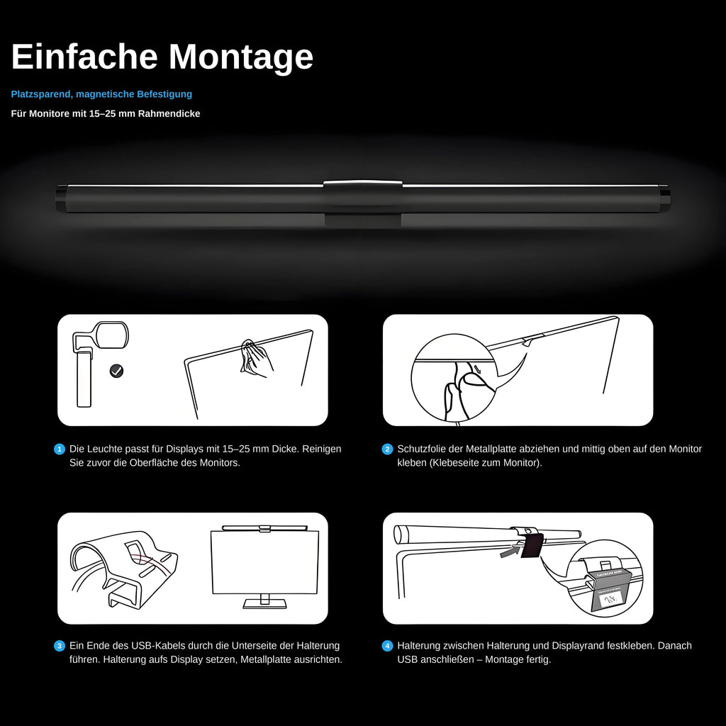 nextronix Monitor-Lampe C105 – Bildschirmleuchte mit Touch-Steuerung, dimmbar & Anti-Blaulicht (2700–6500 K, USB)