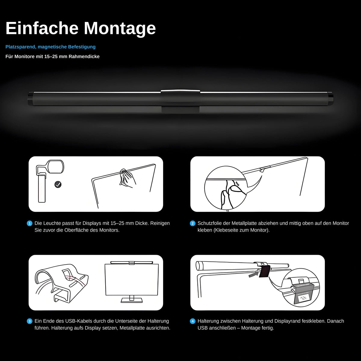 nextronix Monitor-Lampe C105 – Bildschirmleuchte mit Touch-Steuerung, dimmbar & Anti-Blaulicht (2700–6500 K, USB)