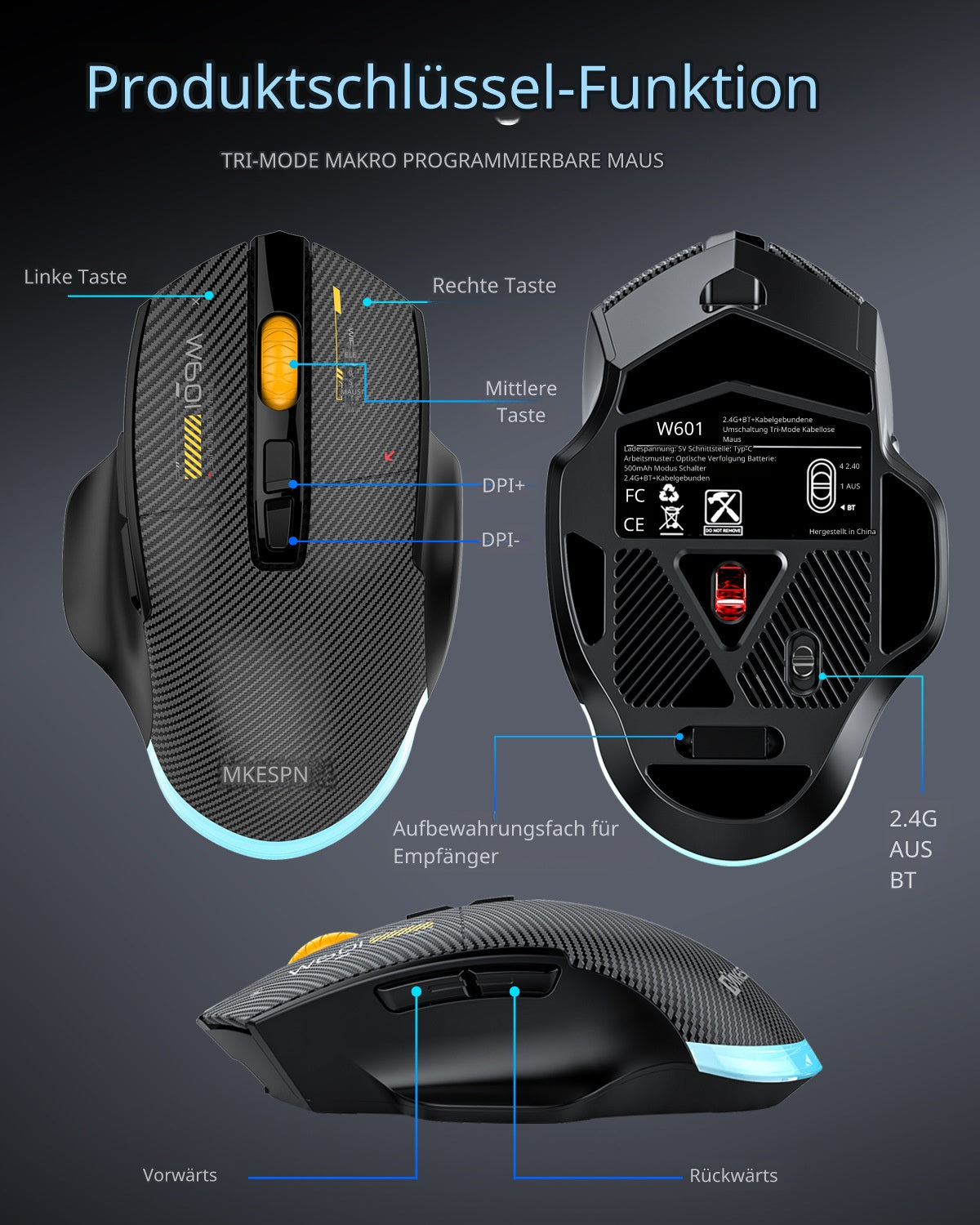 W601 Ergonomische 2,4G Tri-Mode Wireless BT wiederaufladbare Silent Mouse 12800 DPI 7-Tasten-Programmier-Gaming-Maus für PC/Desktop
