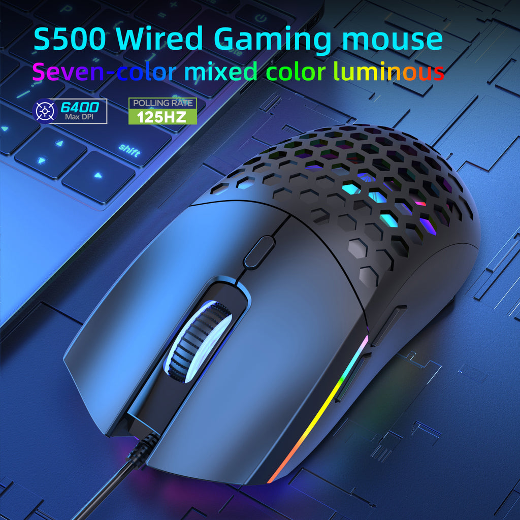 Gaming Maus S500 Optische Gaming-Maus für Rechtshänder, 6400 DPI (Schwarz) | Honeycomb Design, Leichte ergonomische Gaming-Maus